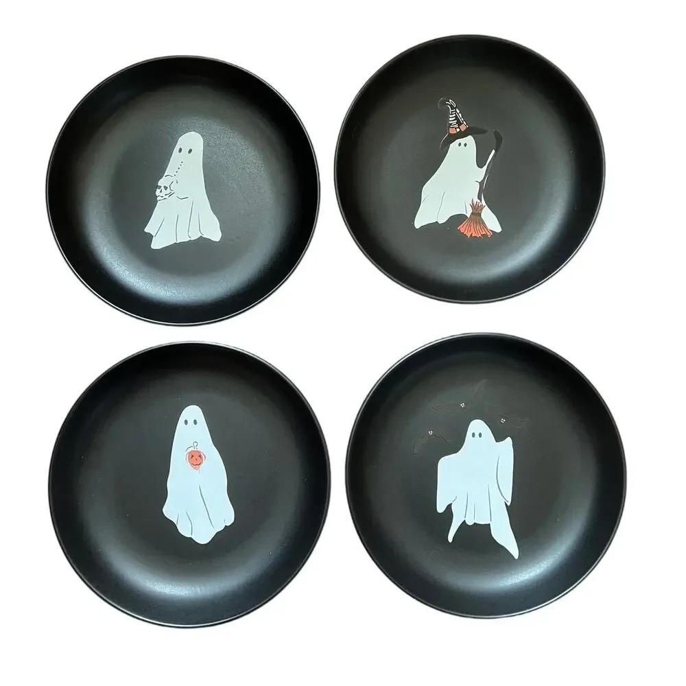 Potchen Halloween Ghost Plates Set of 4 Ceramic Appetizer Dishes Black Spooky